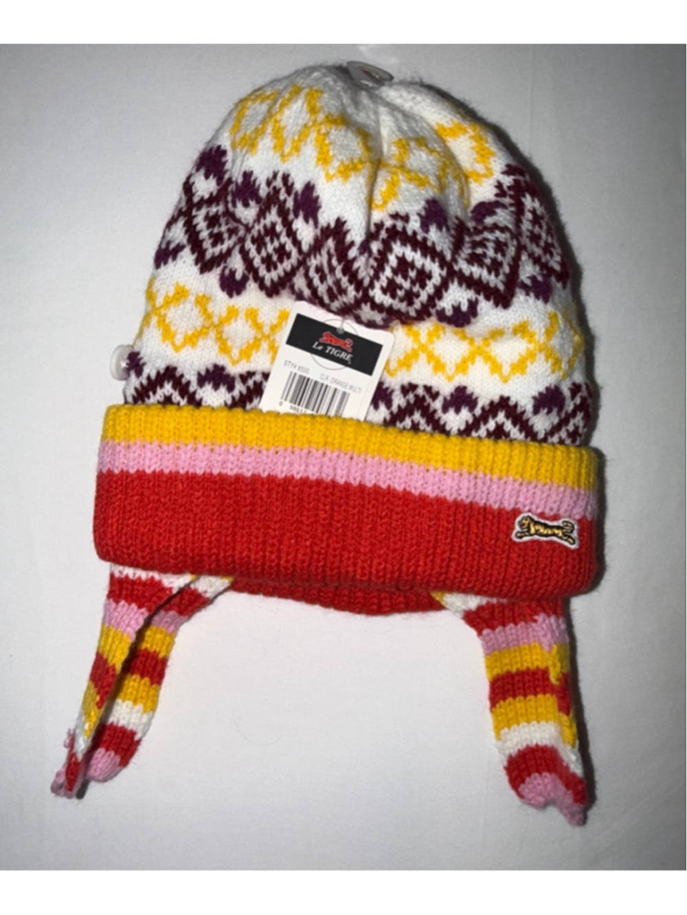 Girl Le Tigre One Size Fair Isle Knit Beanie Winter Colorful Earflaps Ski NWT - Picture 2 of 5